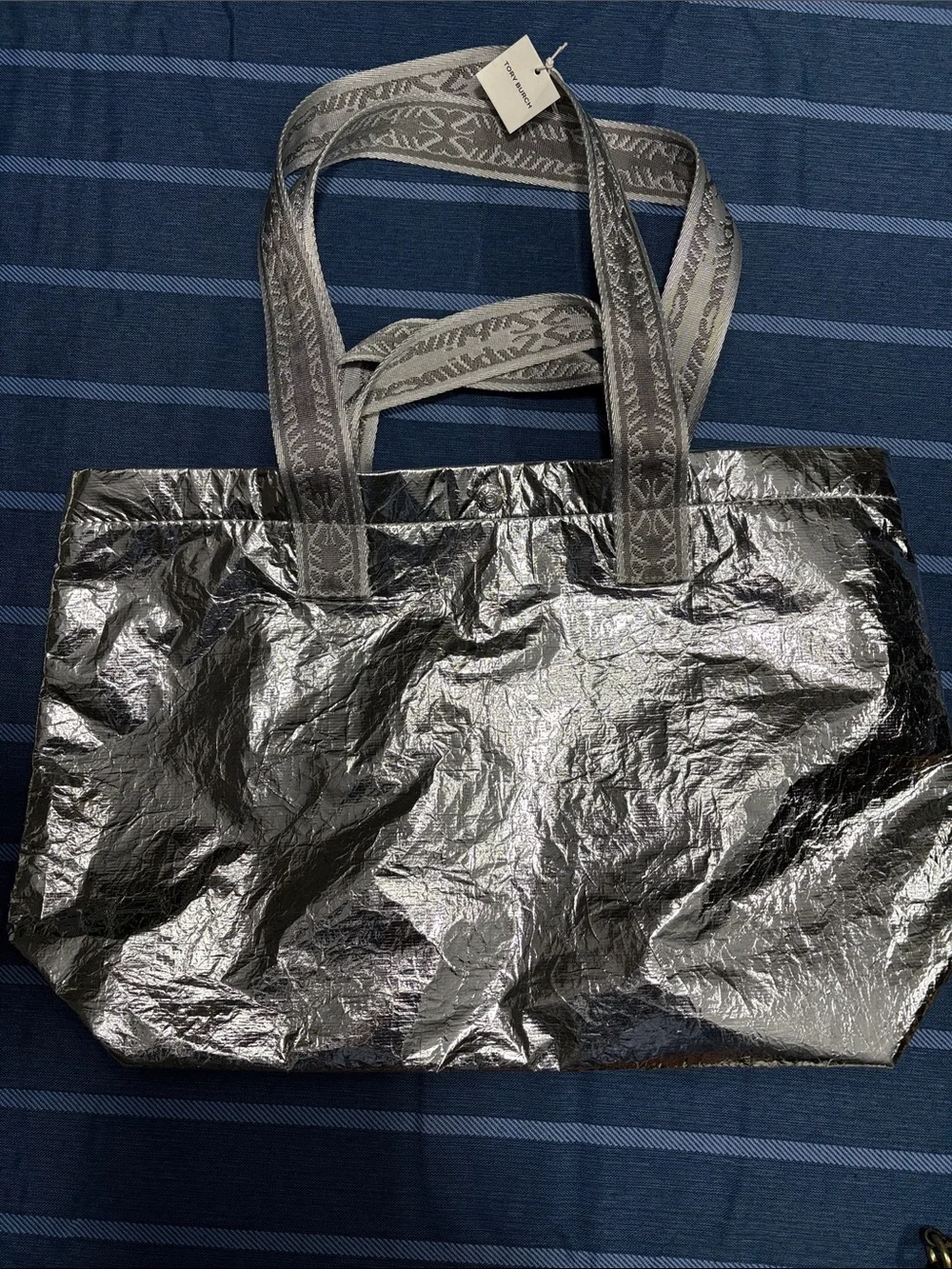 Tory Birch Metallic Silver Tote with handle and shoulder Straps